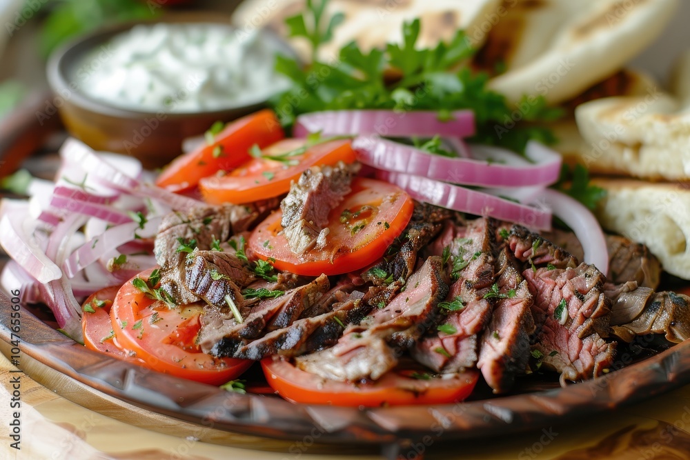 A platter of gyro meat, thinly sliced and served with tomatoes, red onions, and tzatziki, on a bed of pita bread A platter of gyro meat, thinly sliced and served with tomatoes, red onions, and tzatziki, on a bed of pita bread