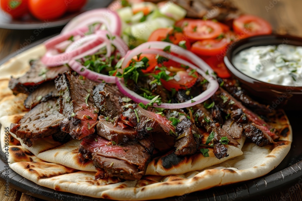 A platter of gyro meat, thinly sliced and served with tomatoes, red onions, and tzatziki, on a bed of pita bread A platter of gyro meat, thinly sliced and served with tomatoes, red onions, and tzatziki, on a bed of pita bread