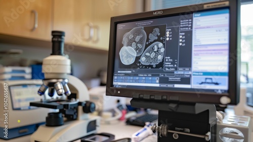 laboratory microscope connected to a monitor displaying detailed cellular images,