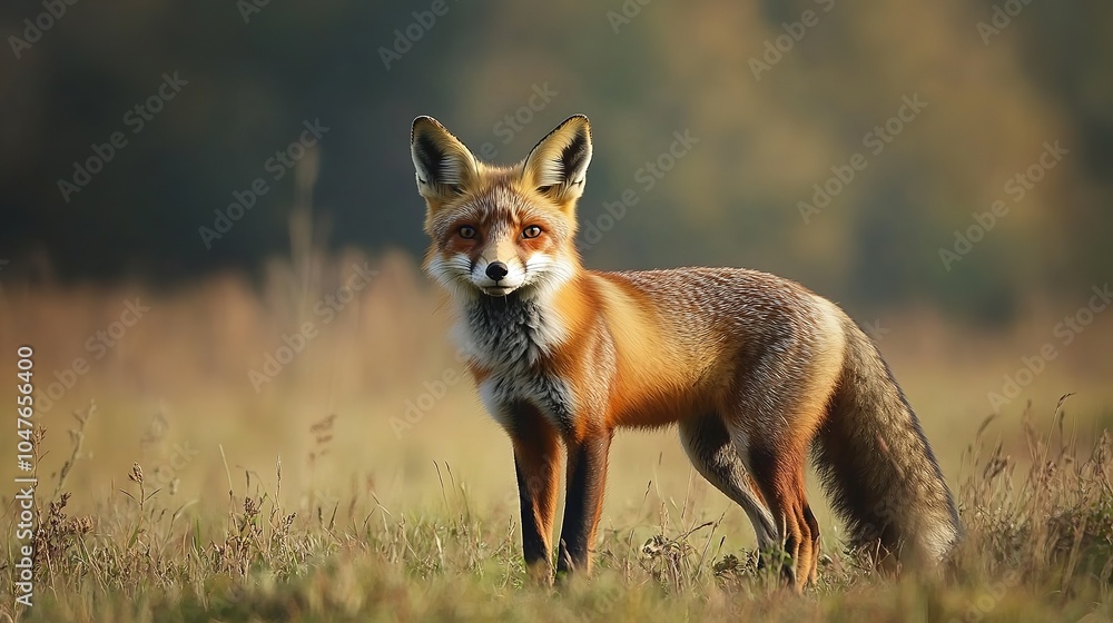 Fototapeta premium A red fox standing alert in a meadow, its natural habitat of fields and forests providing a backdrop.