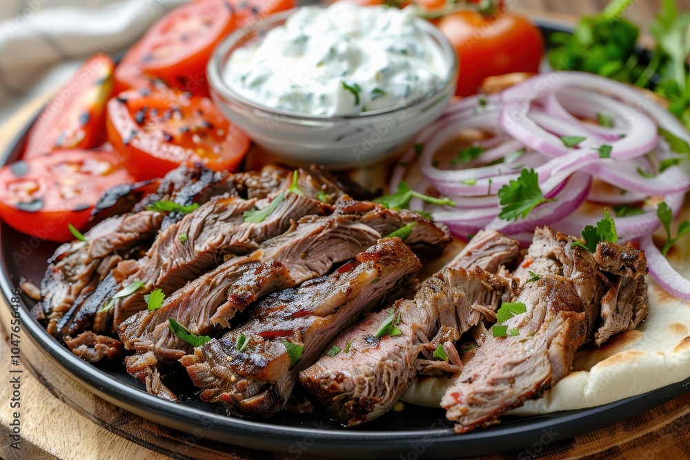 A platter of gyro meat, thinly sliced and served with tomatoes, red onions, and tzatziki, on a bed of pita bread A platter of gyro meat, thinly sliced and served with tomatoes, red onions, and tzatziki, on a bed of pita bread