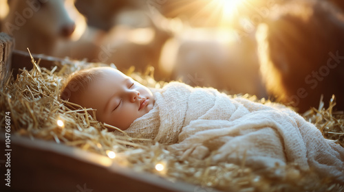 Newborn baby Jesus sleeps peacefully in a wooden manger on straw against the backdrop of a stable with animals, illuminated by divine rays of light. Religious scene Christmac. Nativity scene of Jesus photo