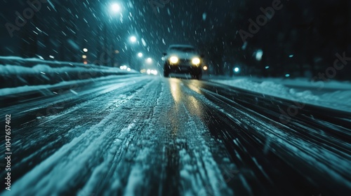 Hazardous black ice poses danger on snow covered highway with blurred vehicle headlights
