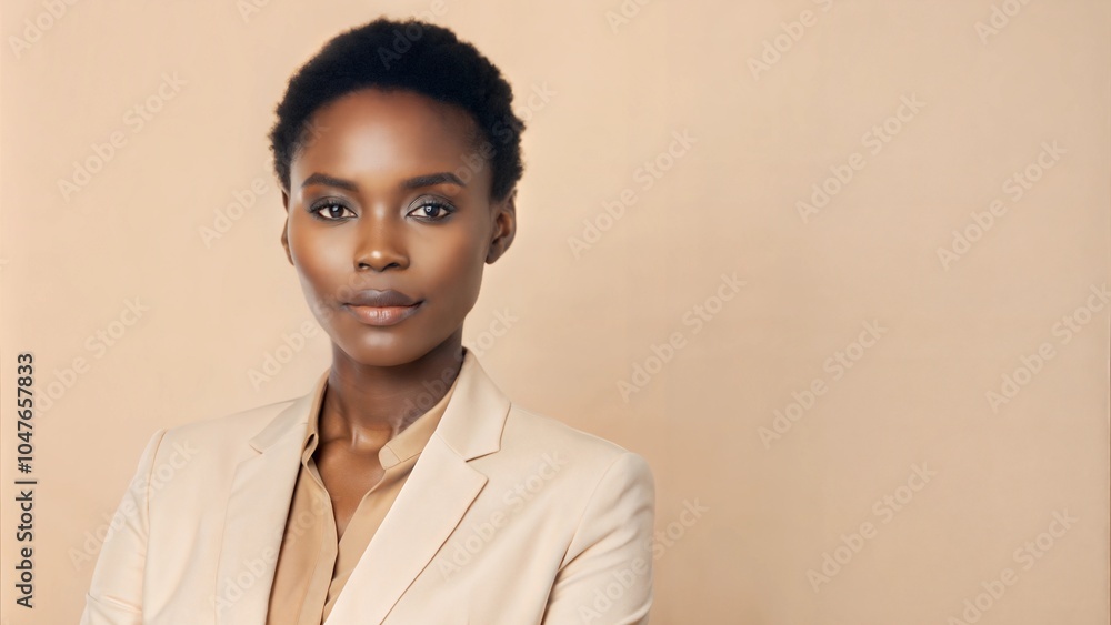 Confident African woman in a business suit, professional portrait, serious expression, copy space Confident African woman in a business suit, professional portrait, serious expression, copy space