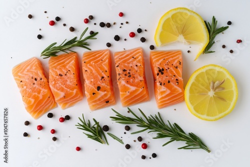 Fresh salmon fillets with lemon slices and herbs. This vibrant food style showcases healthy ingredients. Perfect for gourmet dishes and culinary inspiration. Generative AI photo