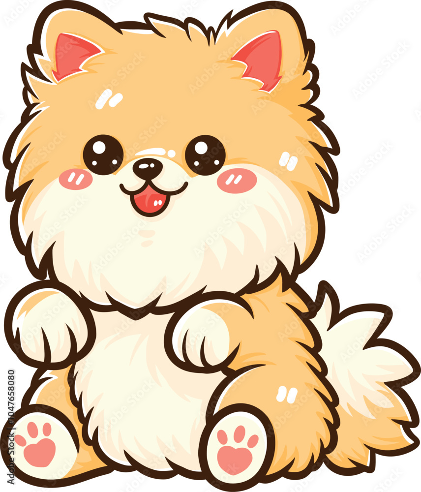 Cute cartoon fluffy Orange Pomeranian, playful, sticking out tongue, sitting and raising front paws, vector illustration.
Cute cartoon fluffy Orange Pomeranian, playful, sticking out tongue, sitting and raising front paws, vector illustration.