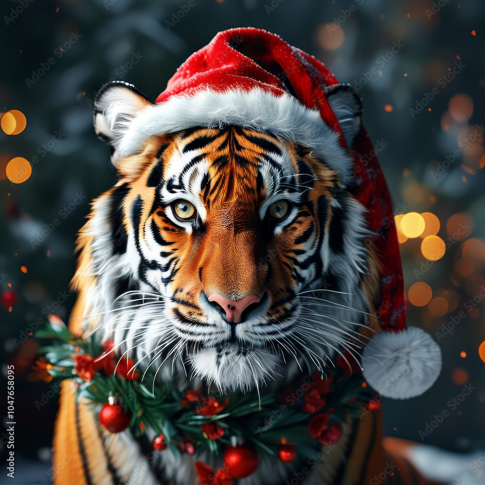 Realistic Christmas Tiger wearing a Santas Hat, magical winter decoration, cute Xmas animal, snow, Christmas ornaments, festive holiday, animal, cozy snow-covered scene, holiday animal decor Realistic Christmas Tiger wearing a Santas Hat, magical winter decoration, cute Xmas animal, snow, Christmas ornaments, festive holiday, animal, cozy snow-covered scene, holiday animal decor