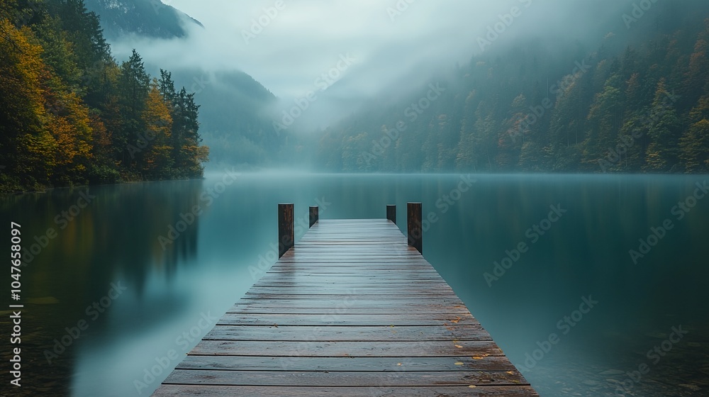A wooden pier sits in front of a lake A wooden pier sits in front of a lake