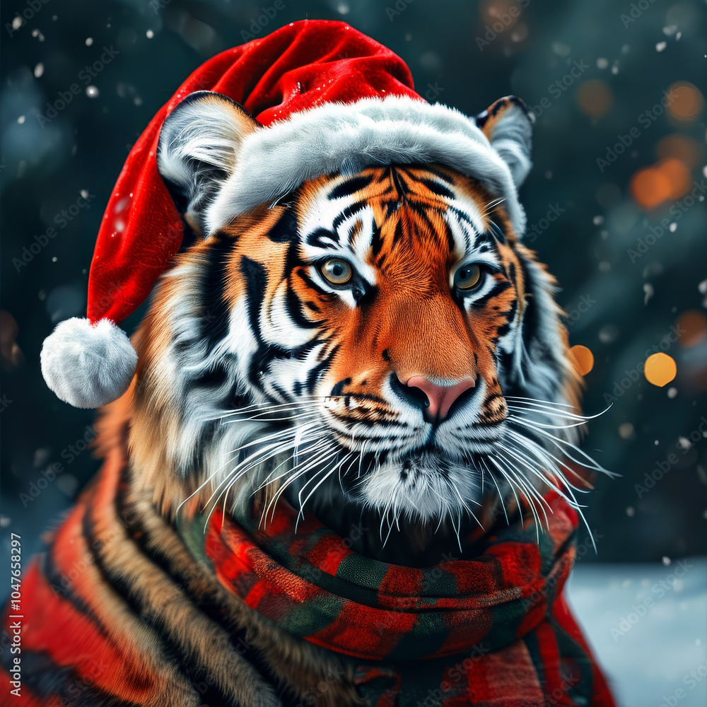 Realistic Christmas Tiger wearing a Santas Hat, magical winter decoration, cute Xmas animal, snow, Christmas ornaments, festive holiday, animal, cozy snow-covered scene, holiday animal decor Realistic Christmas Tiger wearing a Santas Hat, magical winter decoration, cute Xmas animal, snow, Christmas ornaments, festive holiday, animal, cozy snow-covered scene, holiday animal decor