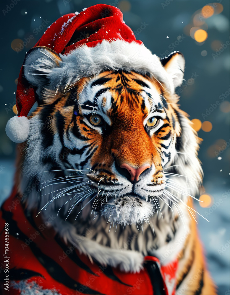 Realistic Christmas Tiger wearing a Santas Hat, magical winter decoration, cute Xmas animal, snow, Christmas ornaments, festive holiday, animal, cozy snow-covered scene, holiday animal decor Realistic Christmas Tiger wearing a Santas Hat, magical winter decoration, cute Xmas animal, snow, Christmas ornaments, festive holiday, animal, cozy snow-covered scene, holiday animal decor