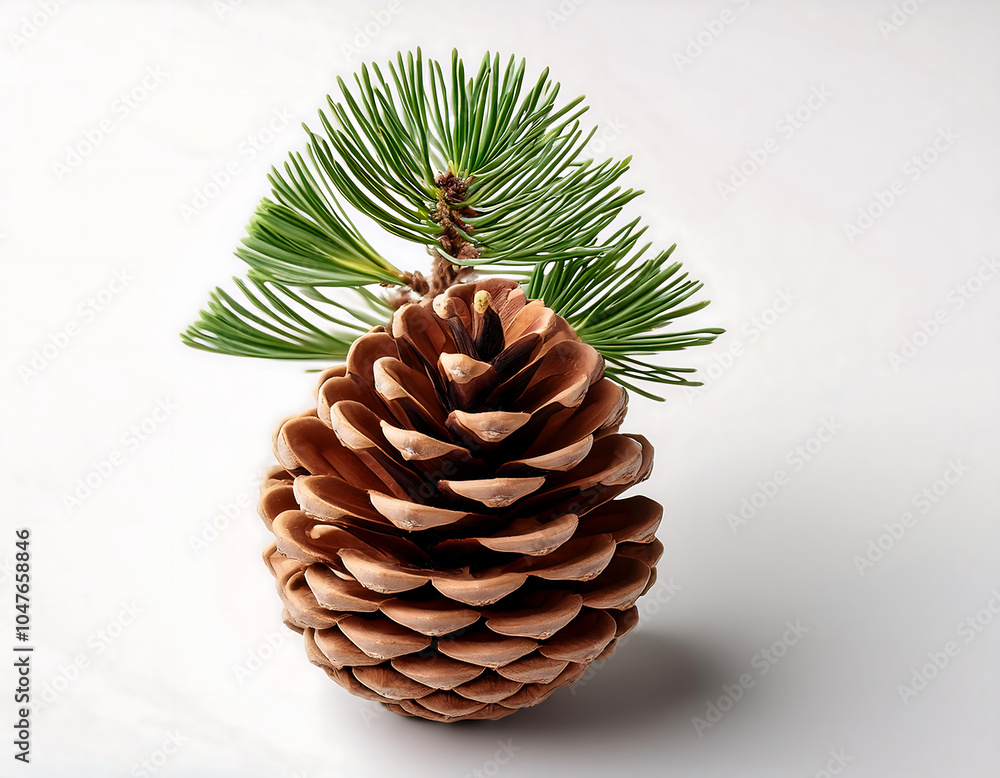 Fototapeta premium A pine cone has a small branch attached to its surface against a clean white backdrop. _1(71)