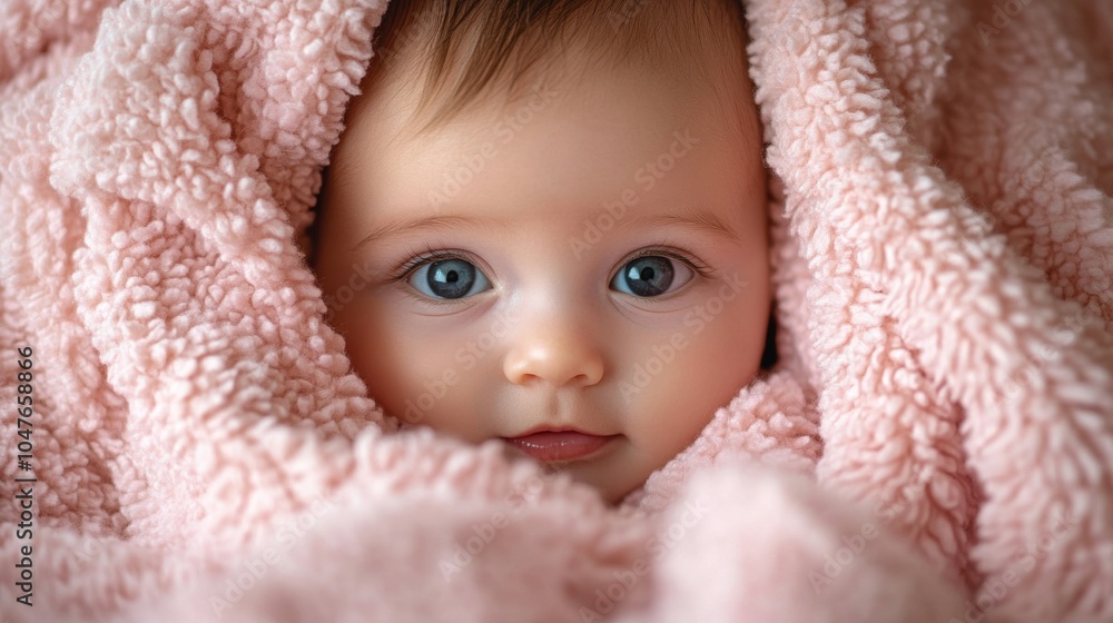 Close up of adorable newborn baby girl wrapped in a soft pink blanket Close up of adorable newborn baby girl wrapped in a soft pink blanket