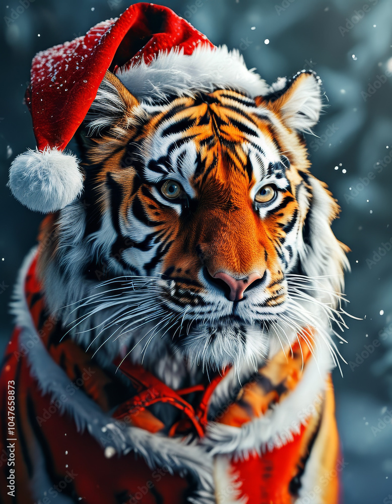 Realistic Christmas Tiger wearing a Santas Hat, magical winter decoration, cute Xmas animal, snow, Christmas ornaments, festive holiday, animal, cozy snow-covered scene, holiday animal decor Realistic Christmas Tiger wearing a Santas Hat, magical winter decoration, cute Xmas animal, snow, Christmas ornaments, festive holiday, animal, cozy snow-covered scene, holiday animal decor