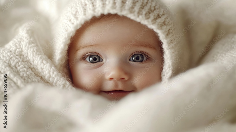 just born newborn, looking out from a white blanket, lovely cute face just born newborn, looking out from a white blanket, lovely cute face