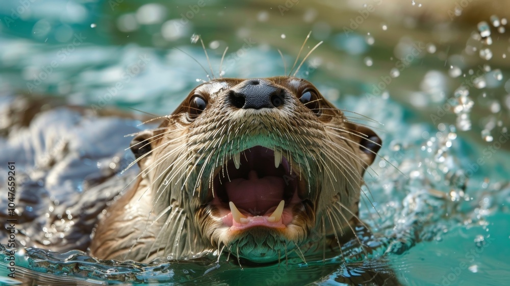 Obraz premium A playful otter swimming bellyup and making funny faces much to the delight of onlookers.