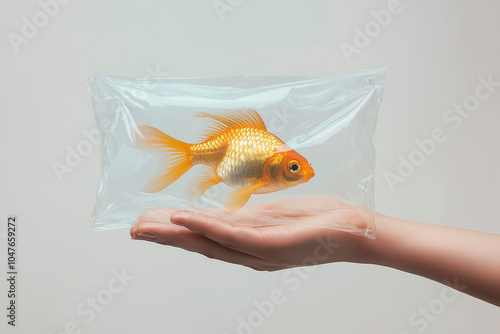 golden fish in transparent plastic bag held in human hand on a neutral background, ideal for pet shop and aquarium themes photo