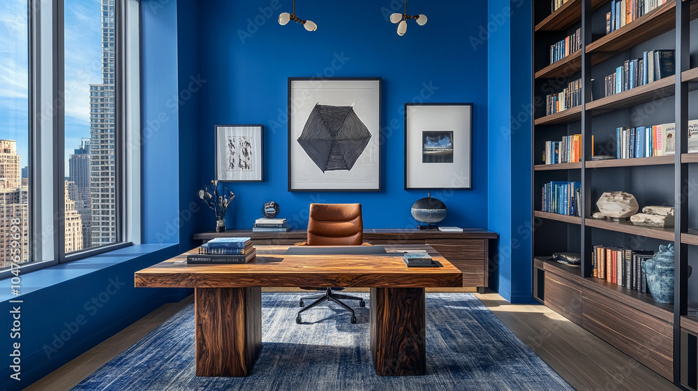 Zoom Background Office with blue background, wooden desk, art on walls