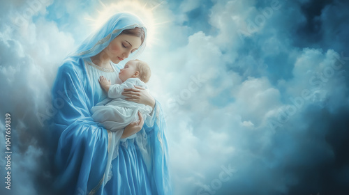 Mother Mary holds the newborn baby Jesus Christ in her arms, standing in the heavens with copy space available.