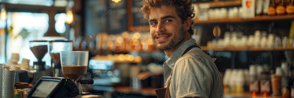 Employee working in coffee shop, payment counter Employee working in coffee shop, payment counter