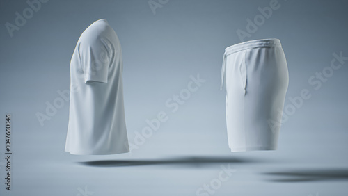 3D rendering of minimalist White T-Shirt and Shorts on Grey Background. Clothes mockup