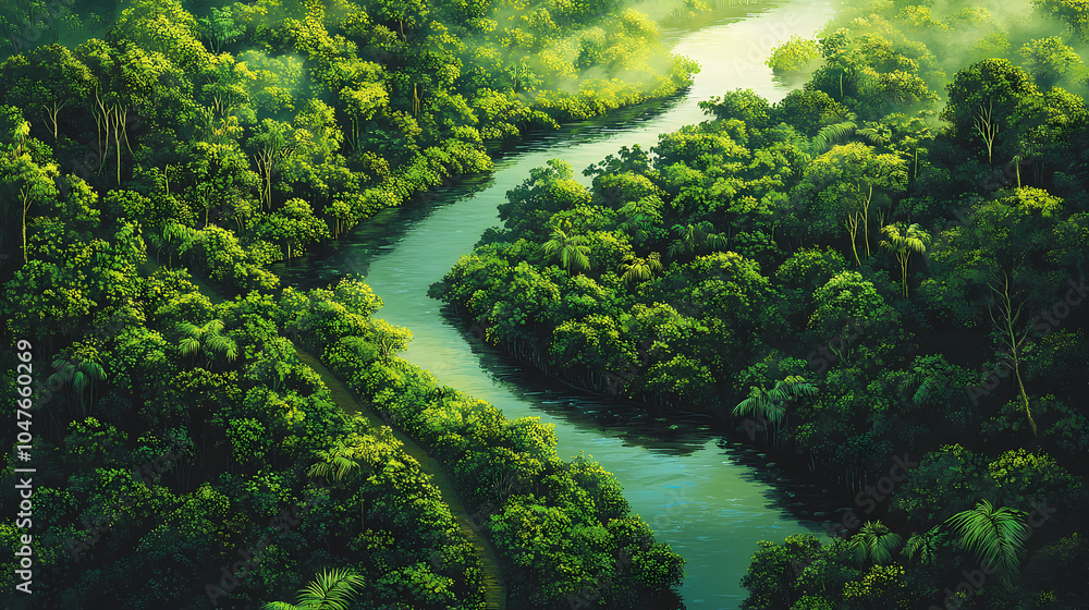 Vibrant aerial shot of amazon rainforest, featuring dense emerald foliage, serpentine waterways, and majestic tropical landscape in pristine condition. Rainforest Canopy. Illustration Vibrant aerial shot of amazon rainforest, featuring dense emerald foliage, serpentine waterways, and majestic tropical landscape in pristine condition. Rainforest Canopy. Illustration