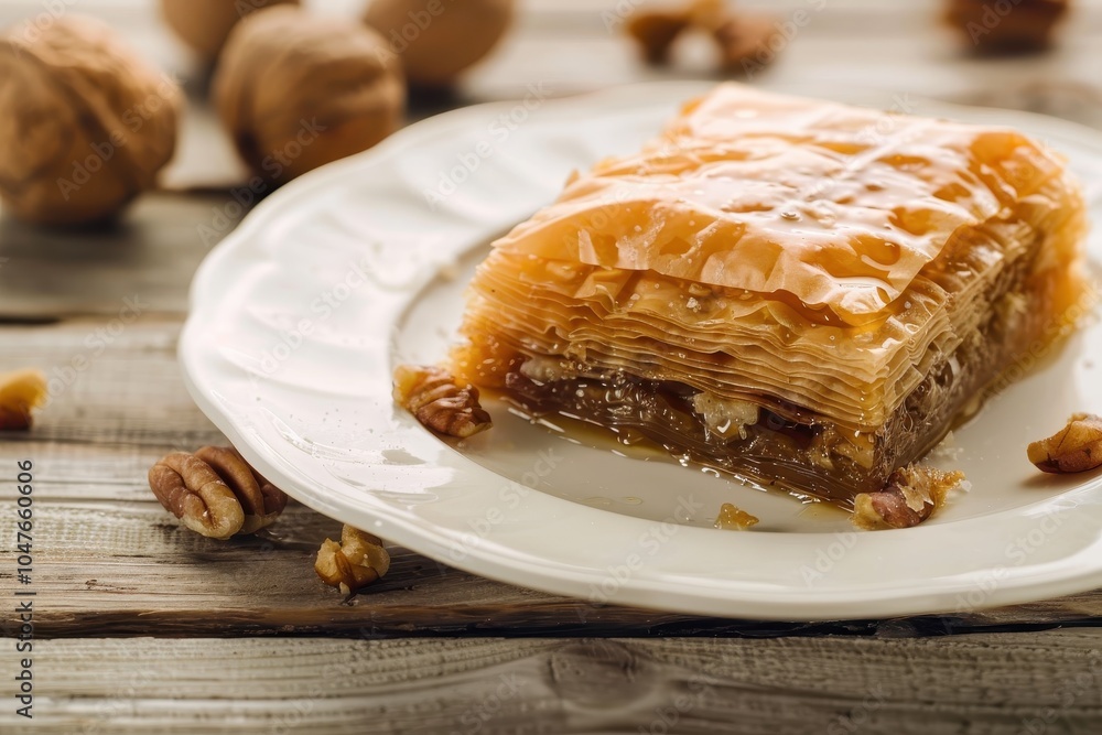 A serving of baklava, layers of filo pastry filled with chopped nuts and honey syrup, cut into diamond shapes