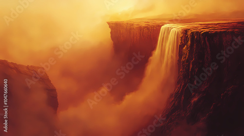 Water cascades powerfully over cliffs into a misty basin, bathed in the warm hues of a breathtaking sunset, evoking tranquility and awe. Misty Waterfall Basin. Illustration photo