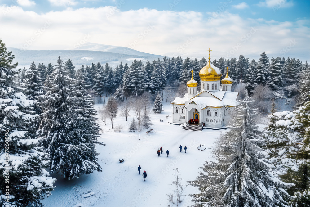 Orthodox Church in a Snowy Forest with Visitors Orthodox Church in a Snowy Forest with Visitors