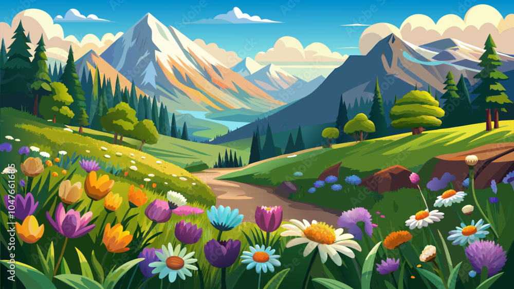Fototapeta premium A vibrant spring landscape showcasing colorful flowers in a valley surrounded by majestic mountains and a clear blue sky