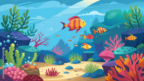 Colorful underwater scene featuring various fish swimming among vibrant coral reefs in a sunlit ocean environment
