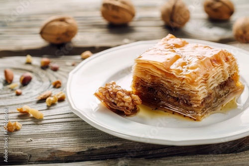 A serving of baklava, layers of filo pastry filled with chopped nuts and honey syrup, cut into diamond shapes