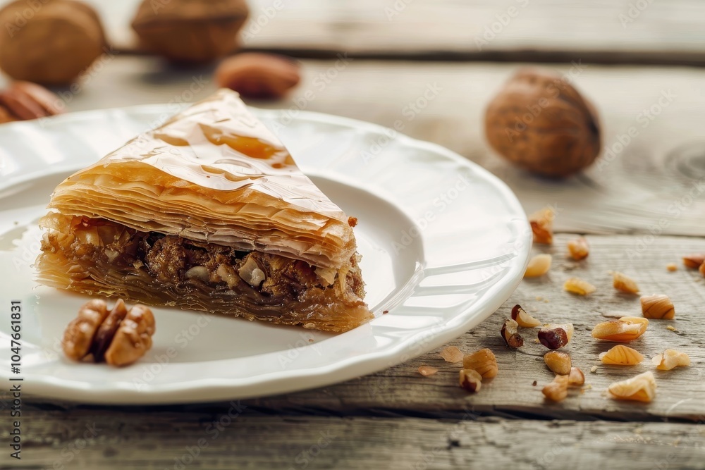 A serving of baklava, layers of filo pastry filled with chopped nuts and honey syrup, cut into diamond shapes A serving of baklava, layers of filo pastry filled with chopped nuts and honey syrup, cut into diamond shapes