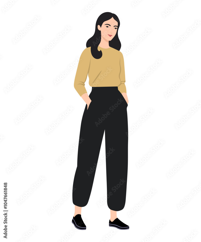 Vector illustration of a girl in a yellow sweater and black pants. Cozy and minimalistic autumn style. Vector illustration of a girl in a yellow sweater and black pants. Cozy and minimalistic autumn style.