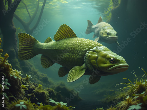 Stunning Underwater Landscape Featuring Two Bass Fish Swimming Through Lush Green Aquatic Vegetation with Dappled Light Creating Tranquil Atmosphere in This Vivid Nature Scene photo