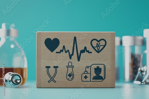 An illustration of a hand holding wooden blocks with healthcare medical icons against a blue background, with space for copying