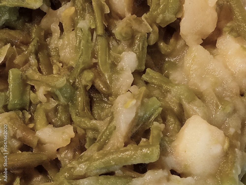 Vegetable background with green beans and boiled potatoes