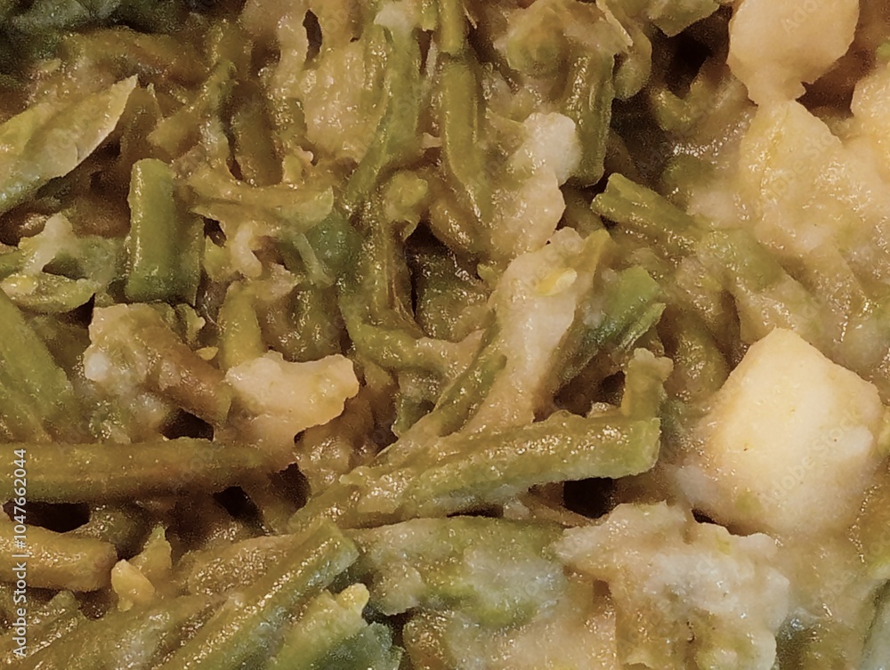 Vegetable background with green beans and boiled potatoes