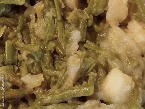 Vegetable background with green beans and boiled potatoes