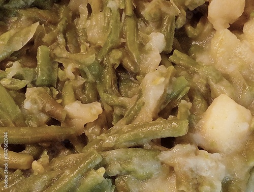Vegetable background with green beans and boiled potatoes