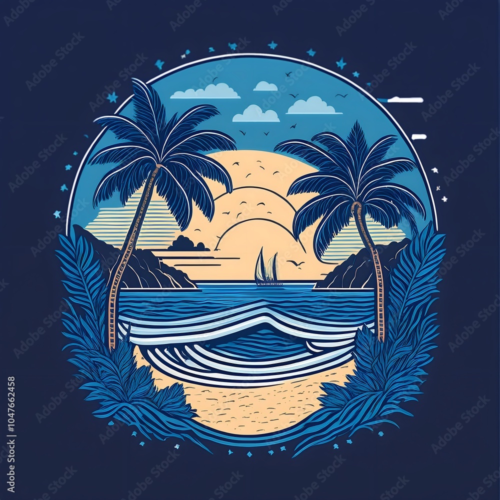 Obraz premium Blue Illustrated Beach Paradise Tshirt