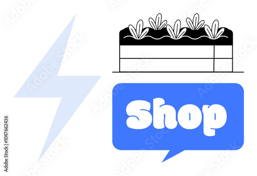 Modern graphic featuring a cake and the word Shop in a speech bubble alongside a thunderbolt. Ideal for bakeries, food, retail branding, logos, marketing, and advertising. Minimalist cartoon style