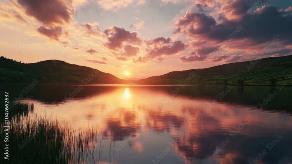 A serene lake reflecting the surrounding hills and a vibrant sky filled with clouds at sunset. A serene lake reflecting the surrounding hills and a vibrant sky filled with clouds at sunset.