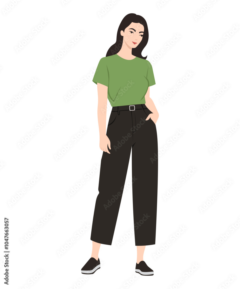 Vector illustration of a girl with a mint t-shirt and black pants. Simple casual Vector illustration of a girl with a mint t-shirt and black pants. Simple casual