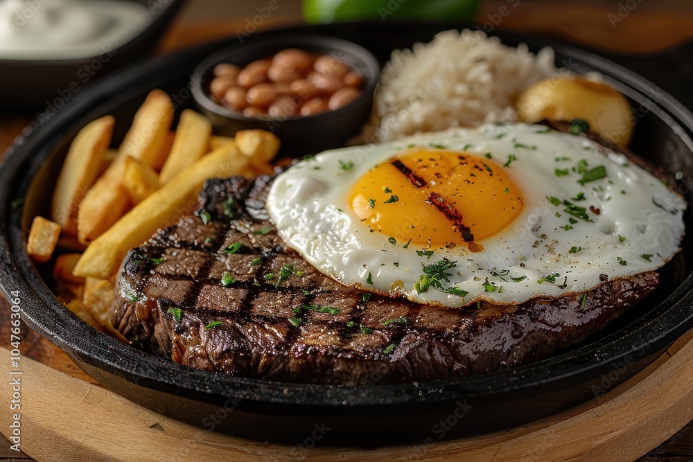 A serving of bife a cavalo, a grilled steak topped with a fried egg, served with rice, beans, and French fries. A serving of bife a cavalo, a grilled steak topped with a fried egg, served with rice, beans, and French fries.