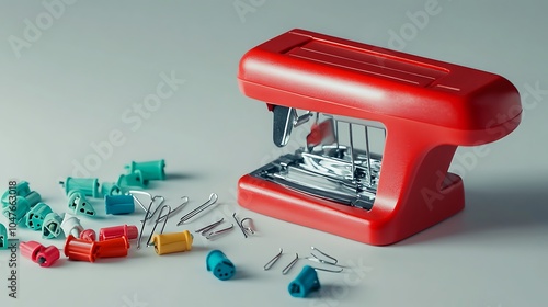 Isolated office supplies like a stapler binder clip and pushpins neatly arranged on a white background photo