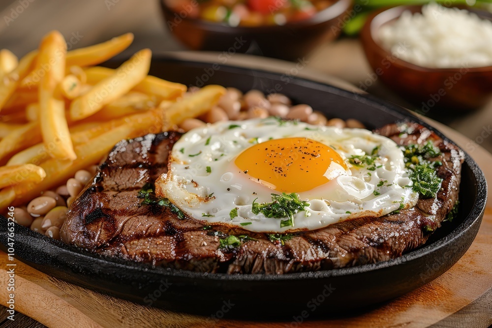 A serving of bife a cavalo, a grilled steak topped with a fried egg, served with rice, beans, and French fries. A serving of bife a cavalo, a grilled steak topped with a fried egg, served with rice, beans, and French fries.