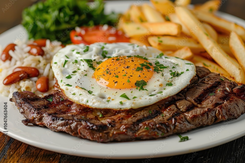 A serving of bife a cavalo, a grilled steak topped with a fried egg, served with rice, beans, and French fries. A serving of bife a cavalo, a grilled steak topped with a fried egg, served with rice, beans, and French fries.