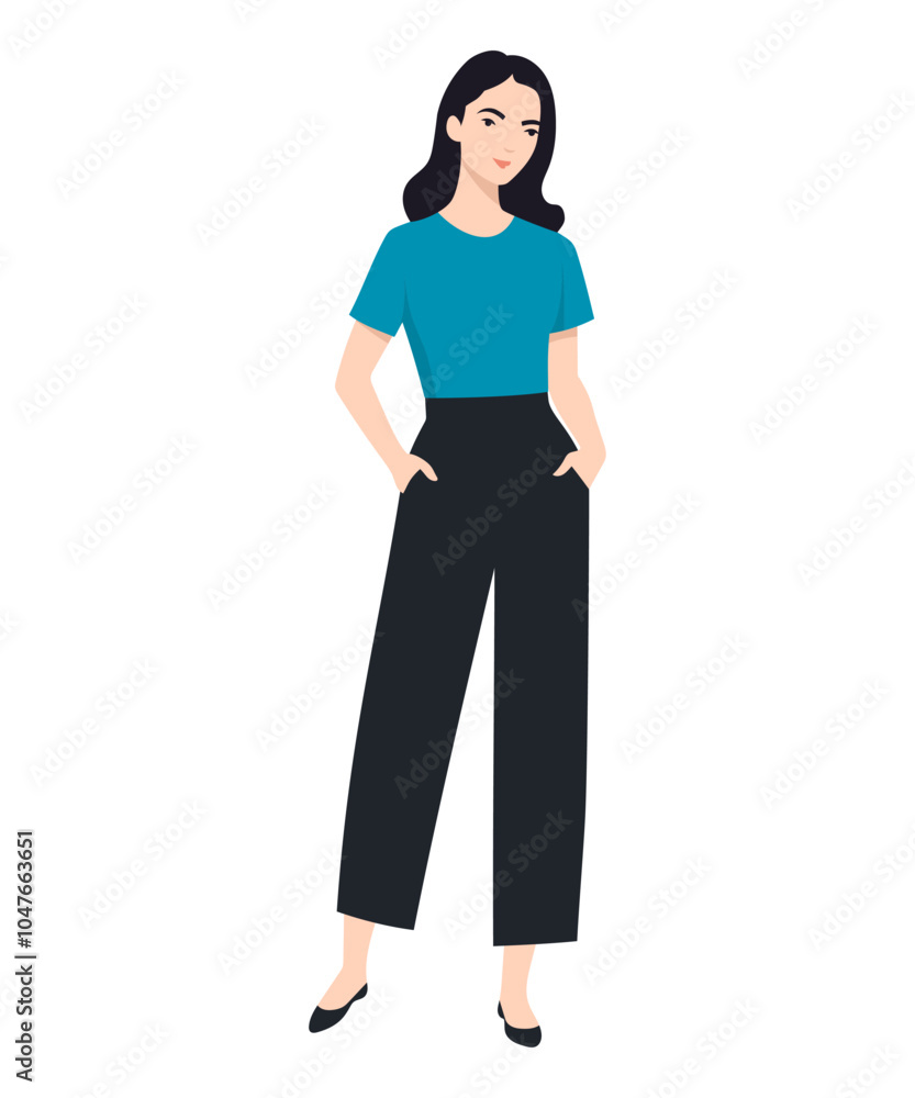 Vector illustration of a girl in casual clothes blue t-shirt and black pants. Simplicity and comfort. Vector illustration of a girl in casual clothes blue t-shirt and black pants. Simplicity and comfort.