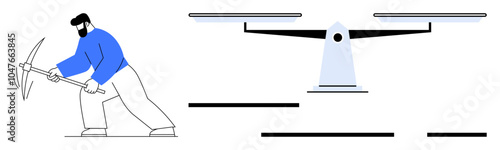 Male worker holding a pickaxe next to a balance scale. Ideal for themes on labor, justice, equality, work rights, and economic fairness. Simple and modern style