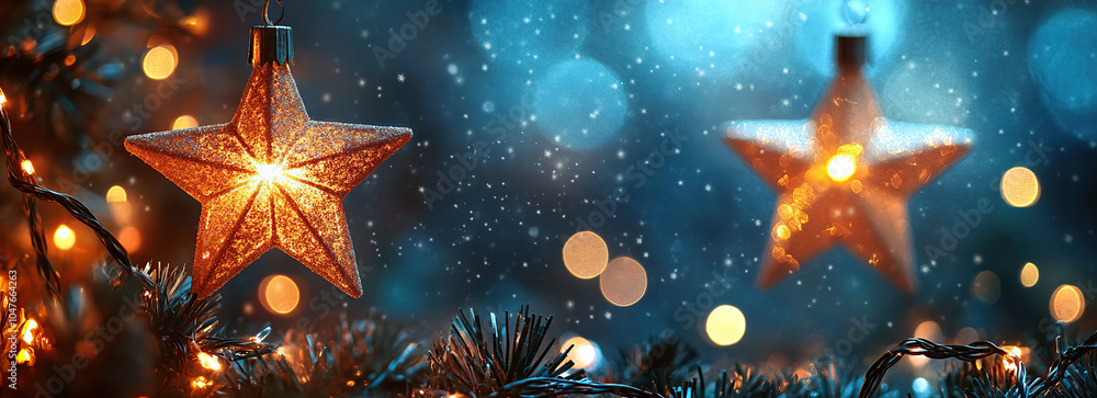 Holiday Scene with Shimmering Stars and Bokeh Background Holiday Scene with Shimmering Stars and Bokeh Background